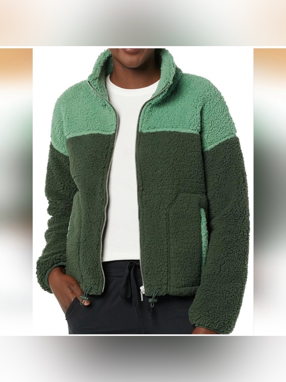 New Amazon Essentials Women’s Two-Tone Sherpa Jacket Light & Dark Green Medium